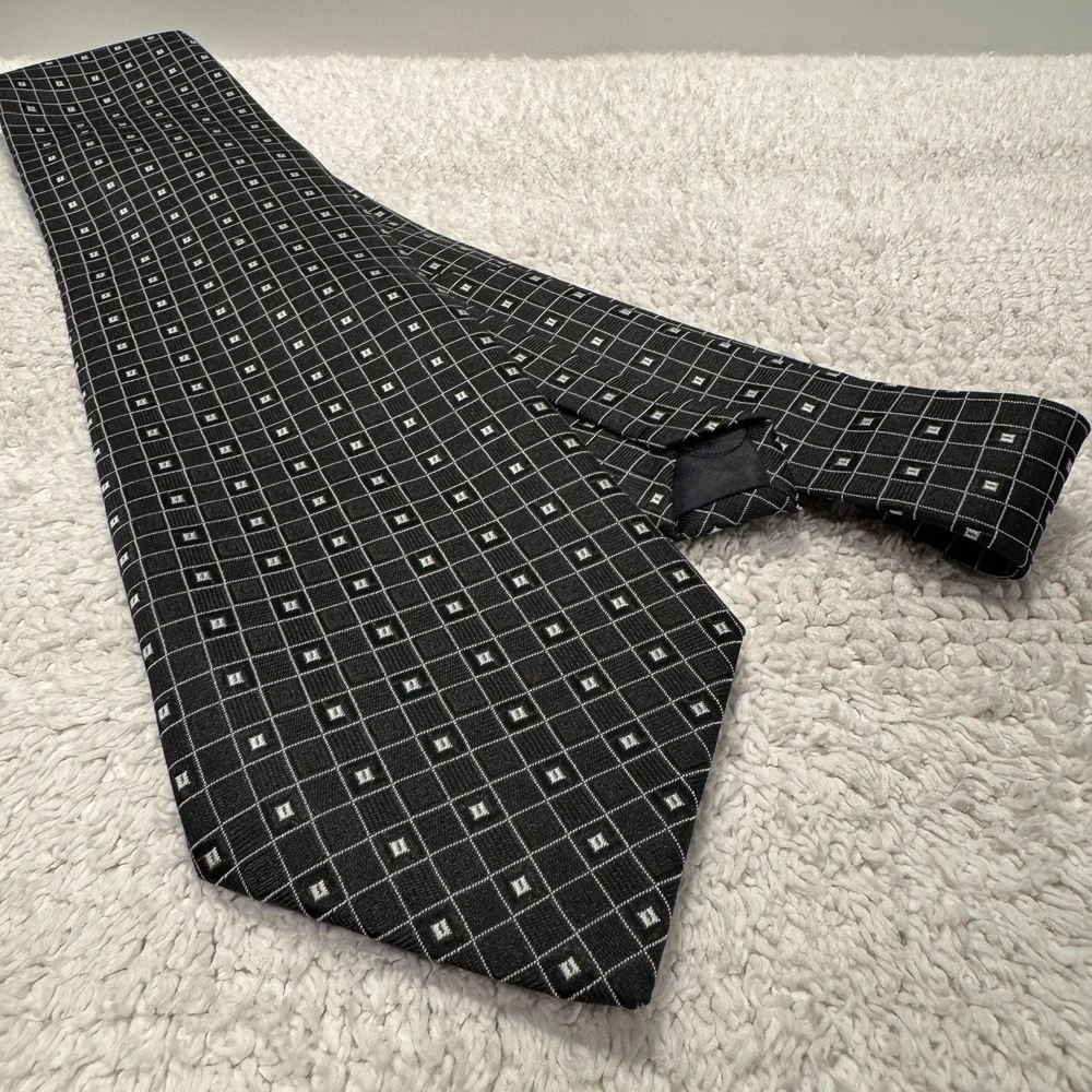 Mantebello Tie Black Check Geometric‎ Italy Made Silk Rockabilly Necktie Grunge